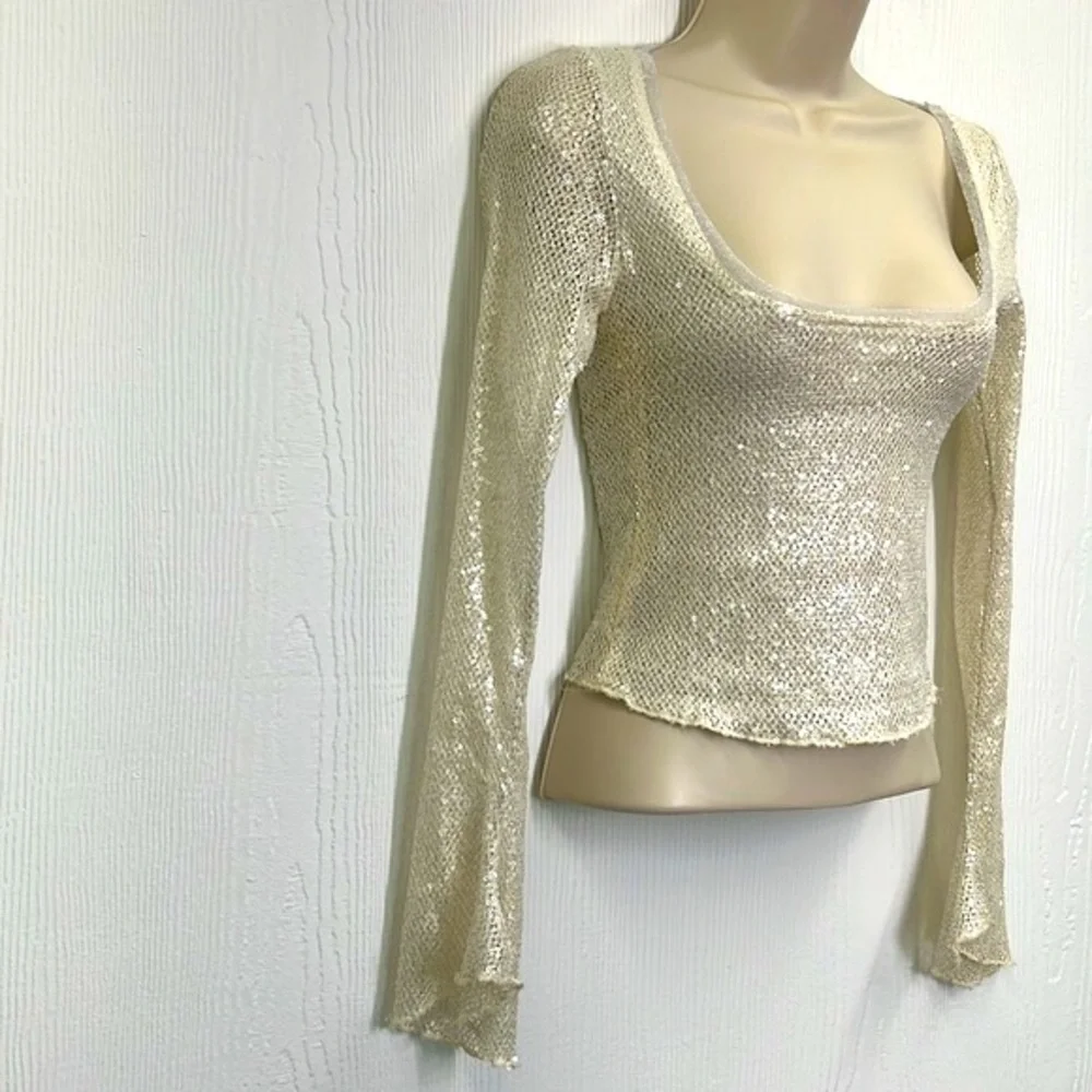 Free People - Late Night Disco Ivory Silver Sequins Embellishment Crop Blouse XS